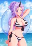  1girl absurdres b7669726 bikini blue_sky breasts cleavage cloud cowboy_shot eyes_closed highres hip_focus horns innertube large_breasts milim_nava navel open_mouth ponytail purple_eyes purple_hair rimuru_tempest shion_(tensei_shitara_slime_datta_ken) side-tie_bikini sky solo_focus striped striped_bikini swimsuit tensei_shitara_slime_datta_ken wide_hips 