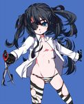  black_hair blue_eyes cutting_hair ebifurai eyepatch flat_chest gloves navel open_clothes open_shirt original panties scissors severed_hair shirt solo striped striped_legwear striped_panties thighhighs torn_clothes torn_legwear twintails underwear 