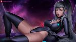  1girl blue_eyes blush bodysuit breasts dark_samus grey_hair highres humanization knee_up legs leotard lipstick long_hair looking_at_viewer makeup metroid metroid_prime nintendo olga_narhova ponytail pose solo space star super_smash_bros. super_smash_bros._ultimate thighhighs thighs weapon 