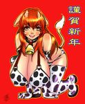  animal_ears animal_print bell bell_collar breasts brown_hair cleavage collar cow_ears cow_girl cow_print cow_tail elbow_gloves gloves highres horns huge_breasts long_hair solo tail teruchan thighhighs 