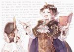  1girl angry book bracelet brown_hair cyrus_(octopath_traveler) dress english_text eyes_closed gloves hat jewelry long_hair necklace octopath_traveler open_mouth short_hair simple_background smile tressa_(octopath_traveler) xin_(24914) 