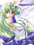  1girl arms_up blue_eyes blue_skirt blush breasts collared_shirt detached_sleeves eyebrows_visible_through_hair frog_hair_ornament fule green_eyes green_hair hair_ornament hair_tubes highres kochiya_sanae large_breasts long_hair long_skirt nontraditional_miko open_mouth shirt skirt sleeveless sleeveless_shirt smile snake_hair_ornament solo touhou white_shirt 