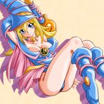  ashi_ura blonde_hair blue_eyes boots breasts choker cleavage dark_magician_girl duplicate fingernails helm helmet long_fingernails long_hair medium_breasts nail_polish shadow sitting smile solo wand yuu-gi-ou yuu-gi-ou_duel_monsters 