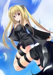  bad_id bad_pixiv_id blonde_hair feathers from_below highres konjiki_no_yami long_hair mizutuki panties red_eyes solo thigh_strap to_love-ru underwear upskirt wings 