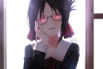  1girl :d ardenlolo artist_name backlighting black_hair black_shirt blurry collarbone collared_shirt commentary_request day depth_of_field folded_ponytail glasses glowing glowing_eyes hair_ribbon hand_on_own_cheek hand_up head_tilt indoors kaguya-sama_wa_kokurasetai_~tensai-tachi_no_renai_zunousen~ long_hair long_sleeves looking_at_viewer open_mouth red-framed_eyewear red_eyes red_ribbon ribbon shinomiya_kaguya shirt smile solo sunlight twitter_username upper_body window wing_collar 