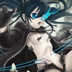  bad_id bad_pixiv_id belt black_rock_shooter black_rock_shooter_(character) blue_eyes breasts censored convenient_censoring gloves glowing glowing_eyes hamoto jacket no_panties pussy_peek scar shorts small_breasts solo topless twintails unzipped 