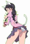  animal_ears bakemonogatari black_hair braid cat_ears glasses hanekawa_tsubasa juliet_sleeves long_hair long_sleeves looking_back monogatari_(series) nekomonogatari paw_pose puffy_sleeves school_uniform skirt smile solo tail touryou twin_braids upskirt 