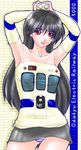  black_hair breasts ground_vehicle mascot medium_breasts red_eyes solo train 