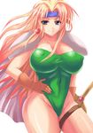  1girl belt blonde_hair blue_eyes breasts celes_chere cleavage daakurei earrings erect_nipples final_fantasy final_fantasy_vi headband huge_breasts jewelry leotard long_hair nipples shoulder_pads solo spaulders sword weapon 