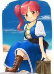  1girl bangs blue_dress blue_sky blurry blurry_background blush boots breasts brown_eyes brown_footwear character_request closed_mouth cloud commentary_request crate cross-laced_footwear day depth_of_field dragon_quest dragon_quest_builders_2 dress eyebrows_behind_hair fingernails highres lace-up_boots long_hair puffy_short_sleeves puffy_sleeves red_hair shirt short_sleeves side_ponytail sitting sky sleeveless sleeveless_dress small_breasts smile solo suzuki_puramo white_shirt 