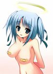  angel bandaid bandaids_on_nipples blue_eyes bokusatsu_tenshi_dokuro-chan breasts commentary_request halo highres large_breasts light_blue_hair mitsukai_dokuro pasties solo suimii topless twintails 