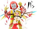  1girl afro bad_id bad_pixiv_id blonde_hair blush flandre_scarlet oriennto ponytail red_eyes red_hair ronald_mcdonald side_ponytail striped torn_clothes touhou wings you_gonna_get_raped 