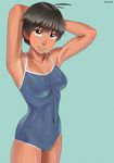  ahoge aqua_background armpits arms_up ayumu_(zenkou) blush brown_eyes brown_hair covered_navel cowboy_shot dated head_tilt one-piece_swimsuit original parted_lips ribs short_hair simple_background skin_tight skindentation smile solo standing swimsuit tan zenkou 