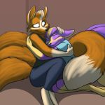  anthro black_nose breasts canid canine clothed clothing dipstick_tail dreamspinner duo eyes_closed female fox foxenawolf fur gluneria hair hug kaari mammal multi_tail multicolored_tail orange_fur purple_fur story story_in_description 