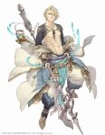  1boy abs aladdin_(sinoalice) anklet bare_chest blonde_hair blue_eyes bridal_gauntlets chains collarbone full_body gold gold_trim hair_over_one_eye halberd jewelry ji_no looking_at_viewer nagatekkou necklace nipples off_shoulder official_art oil_lamp pointy_shoes polearm sash shoes shrug_(clothing) sinoalice solo square_enix waist_cape weapon white_background 