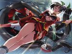  artist_request black_hair blazblue breasts china_dress chinese_clothes cleavage cleavage_cutout dress dutch_angle glasses highres lao_jiu large_breasts legs litchi_faye_ling long_hair panda ponytail red_eyes smile solo staff very_long_hair 