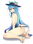  ass barefoot blue_hair blue_nails feet flat_chest food fruit hat hinanawi_tenshi long_hair looking_back nail_polish nanakura_nanane nipples no_bra open_mouth panties peach red_eyes side-tie_panties smile solo toenail_polish topless touhou underwear very_long_hair 