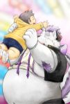 behemoth_(housamo) belly big_belly blush child clothing fur hair hoodie horn human kiyo male mammal monster moobs nipples overweight overweight_male purple_hair slightly_chubby tokyo_afterschool_summoners video_games white_fur young 