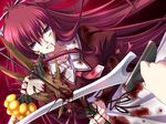  1girl blood kusakabe_misuzu long_hair necktie non-web_source ponytail purple_eyes red_hair school_uniform solo sword weapon 