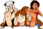 3girls animal_ears barefoot blush brown_hair cat_ears chaz_the_weasel earrings feet foot_hold foot_worship holding_another's_foot jewelry multiple_girls pointy_ears smile soles toe_ring toes white_hair 
