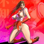  breasts brown_eyes cosine fatal_fury highres huge_breasts kneeling nipple_slip nipples pelvic_curtain ponytail revealing_clothes shiranui_mai solo the_king_of_fighters zoom_layer 