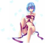  barefoot blue_hair blush breasts covered_nipples crotch_ribbon elf feathers feet foroto gaien highres medium_breasts naked_ribbon navel original pointy_ears purple_eyes ribbon short_hair sitting smile solo wide_hips 