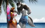  anthro aomori aramis big_breasts bikini breasts canid canine canis clothed clothing curvaceous duo female fox male mammal muscular muscular_male nipple_outline outside sling_bikini smile standing surfboard swimsuit tamara_fox topless wolf 