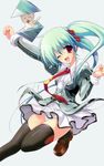  absurdres aqua_hair copyright_request highres long_hair misakura_nankotsu one_eye_closed open_mouth panties red_eyes solo striped striped_panties thighhighs twintails underwear 