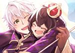  1boy 1girl black_hair brown_gloves crown eyes_closed father_and_daughter fire_emblem fire_emblem:_kakusei fire_emblem_heroes flag gloves highres holding holding_flag hood hood_down long_sleeves male_my_unit_(fire_emblem:_kakusei) mark_(female)_(fire_emblem) mark_(fire_emblem) mini_crown my_unit_(fire_emblem:_kakusei) nakabayashi_zun nintendo one_eye_closed open_mouth short_hair white_hair yellow_eyes 