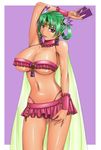  breasts card choker cleavage earrings feathers green_hair hair_ornament holding holding_card huge_breasts jewelry judge_martin navel original panties purple_eyes solo thong underwear wrist_cuffs 