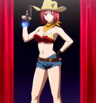  badge breasts cleavage cowboy_hat curtains gun hat kampfer large_breasts midriff mishima_akane navel pose red_hair screencap shorts solo stitched third-party_edit weapon western 