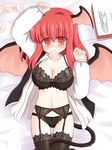  bat_wings bed_sheet black_bra black_legwear black_panties blush bra breasts cleavage condom condom_in_mouth garter_belt head_wings koakuma large_breasts lingerie long_hair lying mouth_hold navel open_clothes open_shirt panties red_eyes red_hair ry shirt solo tail thighhighs tissue_box touhou underwear wings 