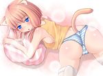  animal_ears ass blush breasts brown_hair cat_ears chibimame medium_breasts original panties pillow solo striped striped_panties tail thighhighs underwear 