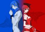  1girl blue_hair blue_scarf bug butterfly clothed_female_nude_male couple fingerless_gloves gloves hat hetero insect kaito lips meiko naked_scarf necktie nude red red_eyes red_hair scarf short_hair tayuta_sango vocaloid 