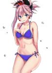  1girl asymmetrical_hair bikini blue_eyes breasts cleavage collarbone cowboy_shot fate/grand_order fate_(series) hair_ornament looking_at_viewer medium_breasts miyamoto_musashi_(fate/grand_order) navel pink_hair ponytail purple_bikini ryuunonon side-tie_bikini simple_background sitting solo swimsuit white_background wide_hips 