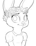  2019 :3 anthro black_and_white cheek_tuft clothed clothing disney female flower_crown half-length_portrait judy_hopps lagomorph looking_at_viewer mammal monochrome portrait rabbit simple_background smile solo tggeko tuft white_background zootopia 