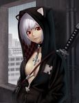  animal_ears animal_hood cat_ears cat_hood choker copyright_request hands_in_pockets hood hoodie k+ katana no_bra red_eyes short_hair solo sword unzipped weapon 