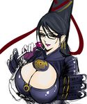  bayonetta bayonetta_(character) black_hair breasts candy cleavage cleavage_cutout earrings food glasses highres huge_breasts jewelry kawaraya_a-ta lipstick lollipop makeup saliva saliva_trail sketch solo 