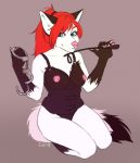  anthro bottomless breasts canid canine clothed clothing dipstick_tail esterr_(artist) female handcuffs kneeling looking_at_viewer mammal multicolored_tail nipples riding_crop shackles smile solo whip 