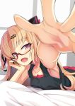  1girl :d akatsuki_yuni armpits bangs bare_arms bare_shoulders bed black_shirt blonde_hair blurry blurry_foreground blush chin_rest commentary_request depth_of_field fang foreshortening glasses hair_ornament hair_ribbon hairclip hand_up highres long_hair looking_at_viewer lying ogami_kazuki on_bed on_stomach open_mouth parted_bangs pleated_skirt red-framed_eyewear red_eyes red_skirt ribbon semi-rimless_eyewear shirt skirt sleeveless sleeveless_shirt smile solo tank_top two_side_up under-rim_eyewear uni_channel virtual_youtuber 