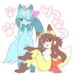  anthro blue_fur blue_hair blush breasts brown_hair duo female fur hair japanese_text kemono long_hair looking_at_viewer open_mouth red_eyes simple_background smile text white_background yellow_fur 夢モカ 