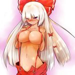  bad_id bad_pixiv_id blush bow breasts cleavage covering covering_breasts fujiwara_no_mokou groin hair_bow hair_ribbon large_breasts long_hair navel red_eyes ribbon silver_hair solo suspenders tone_g touhou 