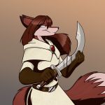  2019 anthro canid canine clothed clothing diana_(rebelsqurl) dipstick_tail female fox foxenawolf fur green_eyes hair holding_object holding_weapon mammal melee_weapon multicolored_tail red_fox red_fur red_hair solo sword weapon 
