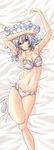  armpits arms_up asuka_asuka bed_sheet blue_eyes bra breasts collarbone colorized fingernails from_above genuflect_(artist) hairband highres izayoi_sakuya large_breasts lingerie lips long_fingernails lying on_back panties short_hair silver_hair smile solo touhou underwear underwear_only 