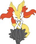  1girl animal_ear_fluff animal_ears artist_name braixen closed_mouth creatures_(company) eyes_closed female fox_ears fox_tail full_body furry game_freak gen_6_pokemon hands_up happy highres jpeg_artifacts knees_up mezmaroon nintendo no_humans paws pokemon pokemon_(creature) signature simple_background sitting smile solo tail tail_hug white_background 