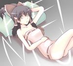  ao_usagi bare_shoulders black_hair bottomless bow dress hair_bow hair_tubes hakurei_reimu hand_behind_head lying on_back pillow short_dress solo strapless strapless_dress touhou tube_dress 