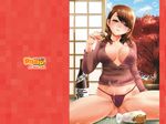  action_pizazz alcohol breasts brown_hair cleavage cup earrings jewelry large_breasts no_bra no_pants panties pon_takahanada sake solo underwear wallpaper 