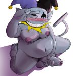  2018 areola balls barefoot blush deltarune erection hat holding_penis humanoid imp jerseydevil jevil_(deltarune) looking_at_viewer male moobs navel nipples not_furry nude penis sharp_teeth sitting slightly_chubby smile solo spread_legs spreading teeth uncut video_games 