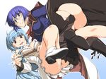  amelia_(quiz_magic_academy) ass blue_eyes boots breasts brown_eyes cleavage cross-laced_footwear dress hairband jon_shicchiou lace-up_boots large_breasts light_blue_hair long_hair looking_back multiple_girls no_panties quiz_magic_academy satsuki_(quiz_magic_academy) short_hair smile thighhighs 