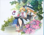  absurdres alice_margatroid an2a blonde_hair blue_eyes book bow braid bush chibi crease crossed_legs doll flower hair_bow hairband hat highres hourai_doll kirisame_marisa mouth_hold multiple_girls reading ribbon scan short_hair sitting sitting_on_stairs smile stairs touhou witch_hat yellow_eyes 